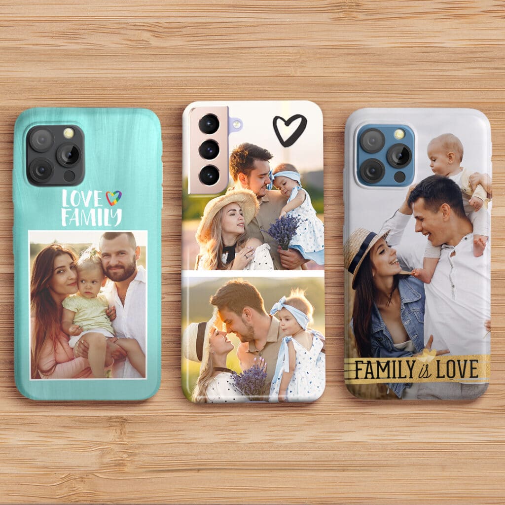 A range of phone cases showcasing the designs with a family theme that can be made using Snapfish