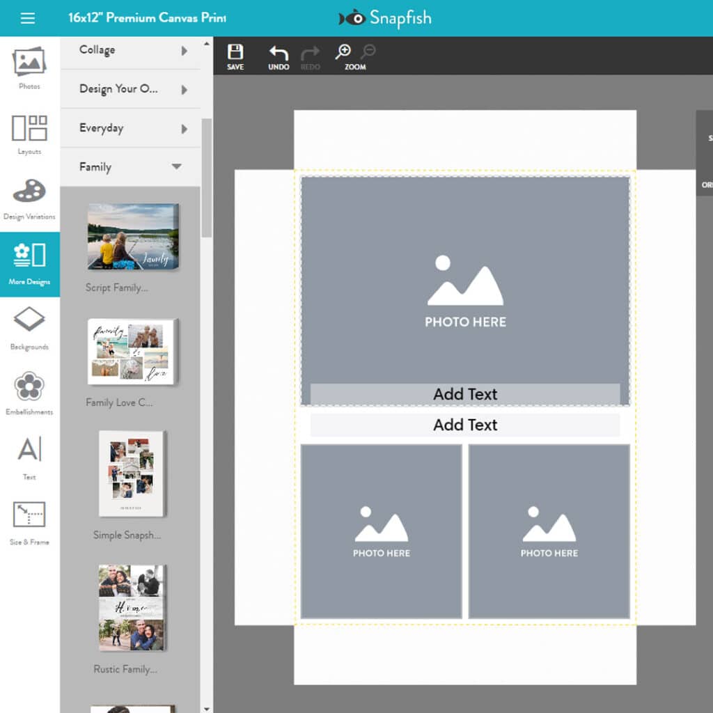 Choosing  a design from Snapfish online canvas builder 