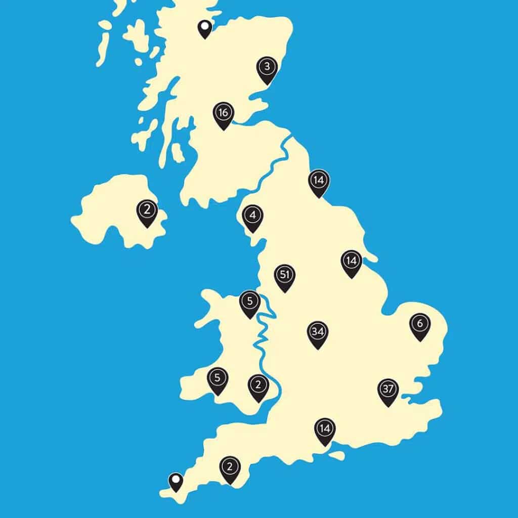 A UK map showing the locations for the "collect in store" service