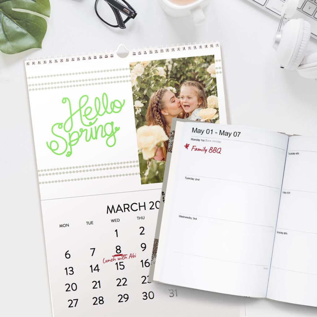 An open personalised Diary and a Wall Calendar showing highlighted dates
