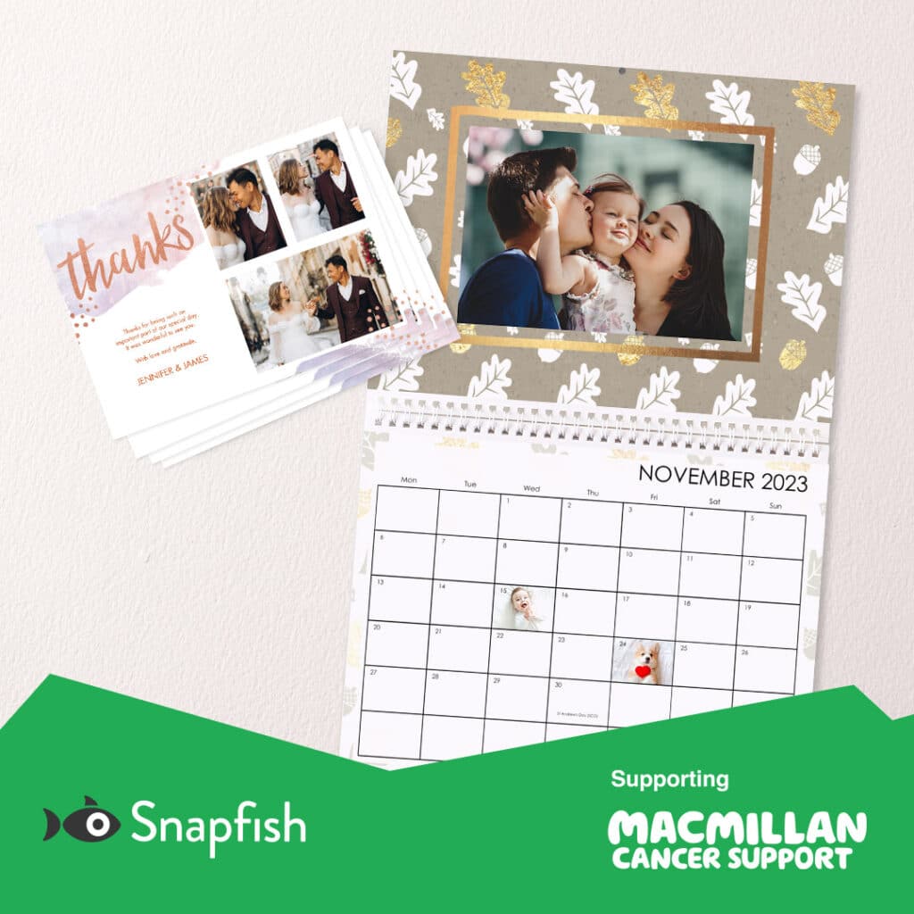 Thank you card and Wall Calendar displayed with Snapfish and MacMillan logos